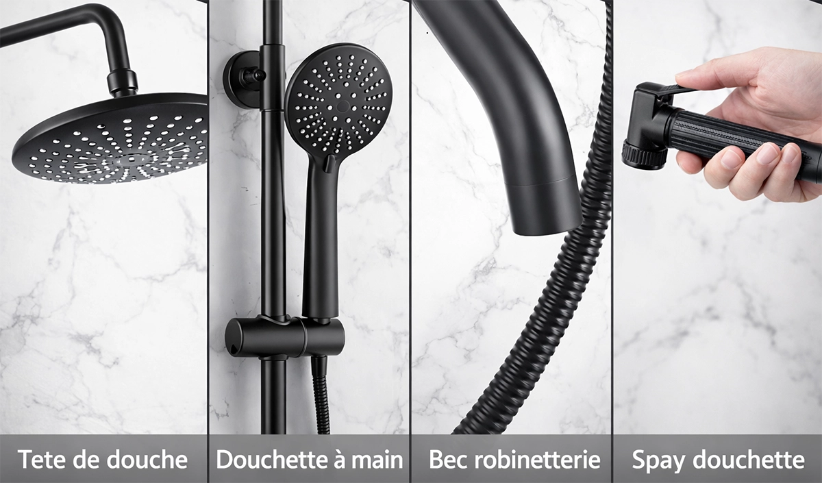Colonne bain douche noire en laiton avec mitigeur et douchette pour salle de bain design